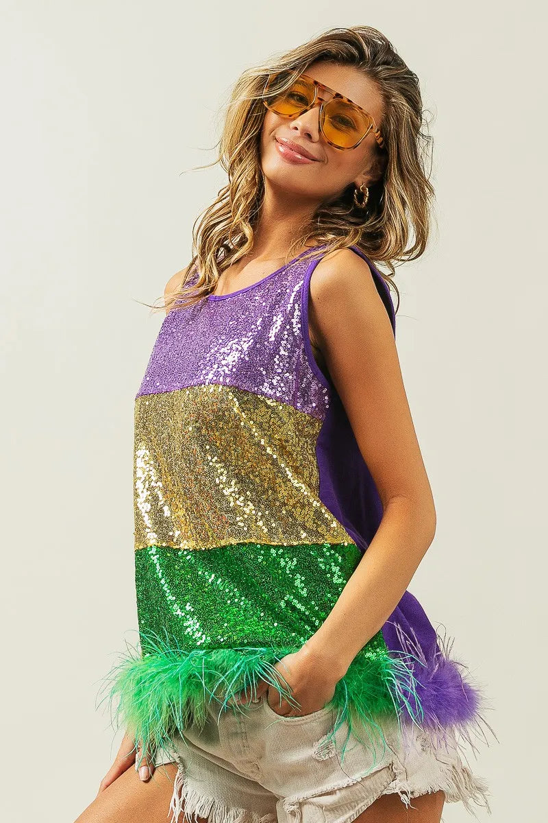 BiBi Sequin Top Mardi Gras Color Block Faux Feather Hem Sleeveless 7a656f93e52241cc86569c2460f93833-Max-Origin Trendsi