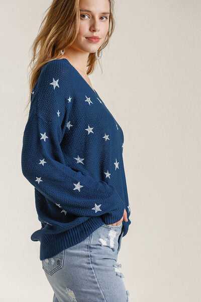 Umgee Knit Top Star Pattern V Neck Long Sleeve Women Navy Pullover 7a694476-c4aa-4922-86b6-75f1e9c8c44c-Min Trendsi