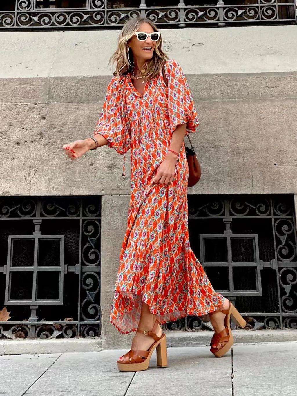 Maxi Dresses Colorful Printed V-Neck Balloon Short Sleeve Ruffled Oversized Orange 7a811b6721e8461198baec7e95c48ebc-Max-Origin Trendsi