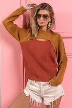 BiBi Womens Sweater Camel Color Block Knit Top With Cut Out Neck 7a850f502e8d46dd9fc1e29b76a9bd1f-Max-Origin Trendsi