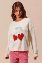 SO ME Valentine Sweater Heart Cherry Ivory Knitted Long Sleeve Top 7a89fe093ceb46be9fc00d026485d5cc-Max-Origin Trendsi