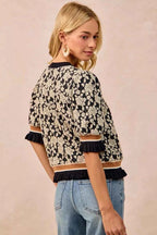 BiBi Women Knit Top Textured Rose Black Gray Contrast Banded Puff Sleeve 7a90b604-91f4-451b-ac97-be2536557258-Max-Origin Trendsi