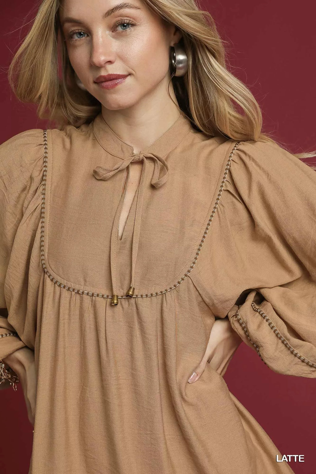 Umgee Mini Dress Latte Brown Boho Peasant Ruffled Long Sleeve with Trim Detail 7a94cfeb-d632-41b8-972c-75684ff21e66-Max-Origin Trendsi