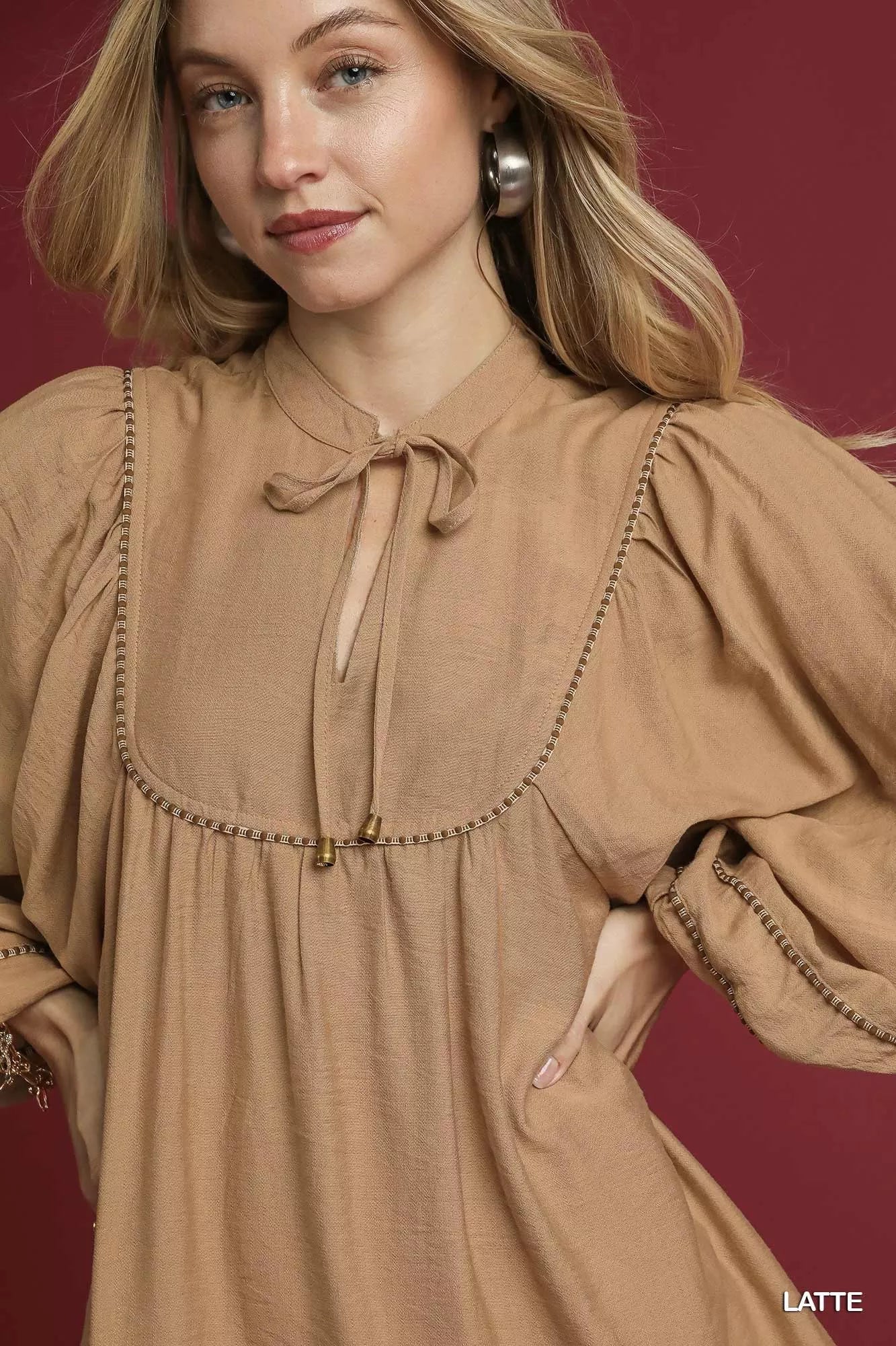 Umgee Mini Dress Latte Brown Boho Peasant Ruffled Long Sleeve with Trim Detail 7a94cfeb-d632-41b8-972c-75684ff21e66-Max-Origin Trendsi