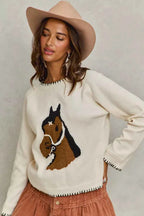 SO ME Horse Sweater Top Ivory Knit with Blanket Stitch Long Sleeve 7a95e4da0f944b1981798c20943fb43a-Max-Origin Trendsi