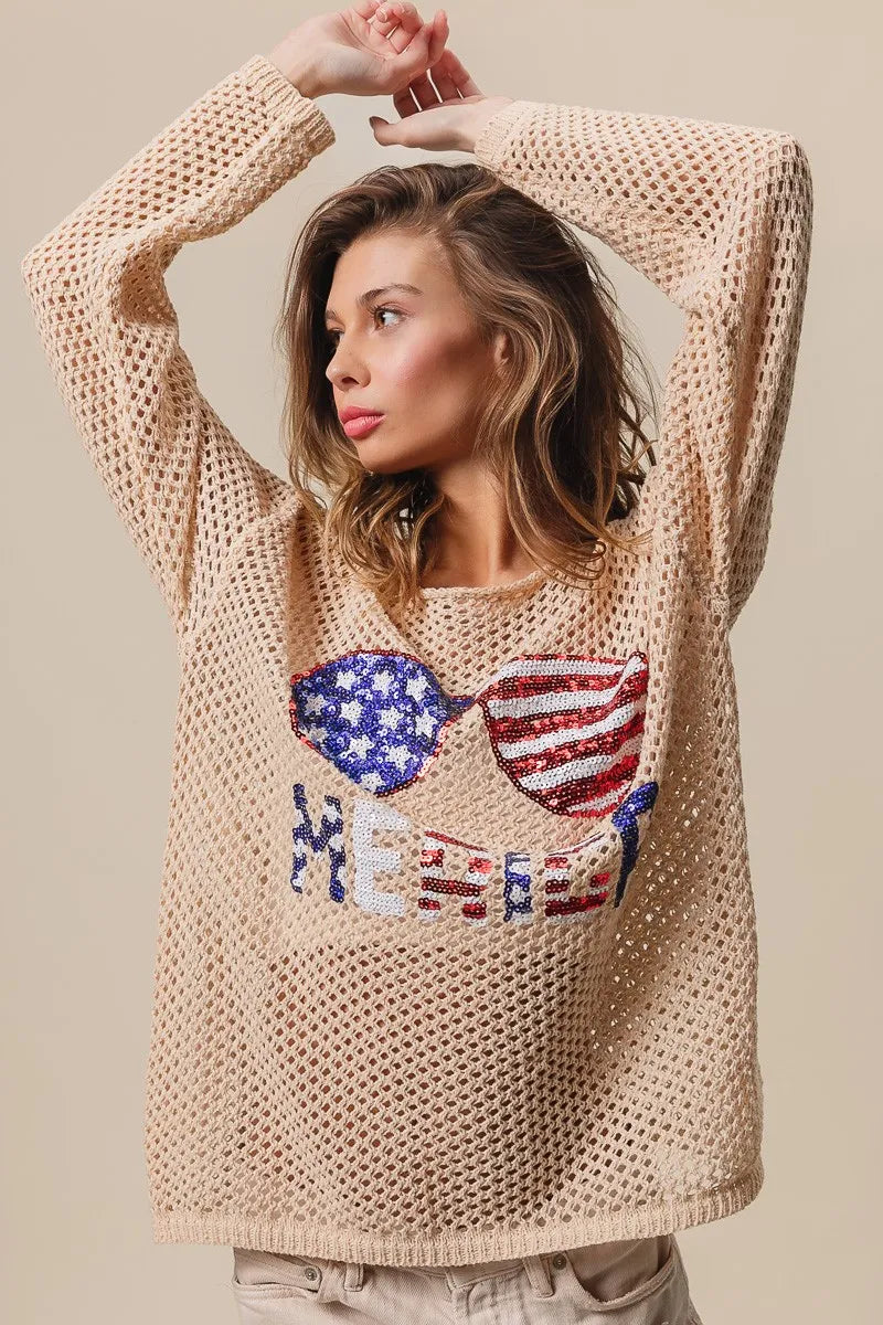 BiBi Knit Top Sequin American Flag Sunglasses Long Sleeve 7a9a02a3faa9487db1b510ccdd010b51-Max-Origin Trendsi