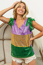 BiBi Womens Blouse Mardi Gras Sequin Color Block Ruffled Top Short Sleeve 7aa31f85614c4a269a7cbdc6561cf2ca-Max-Origin Trendsi