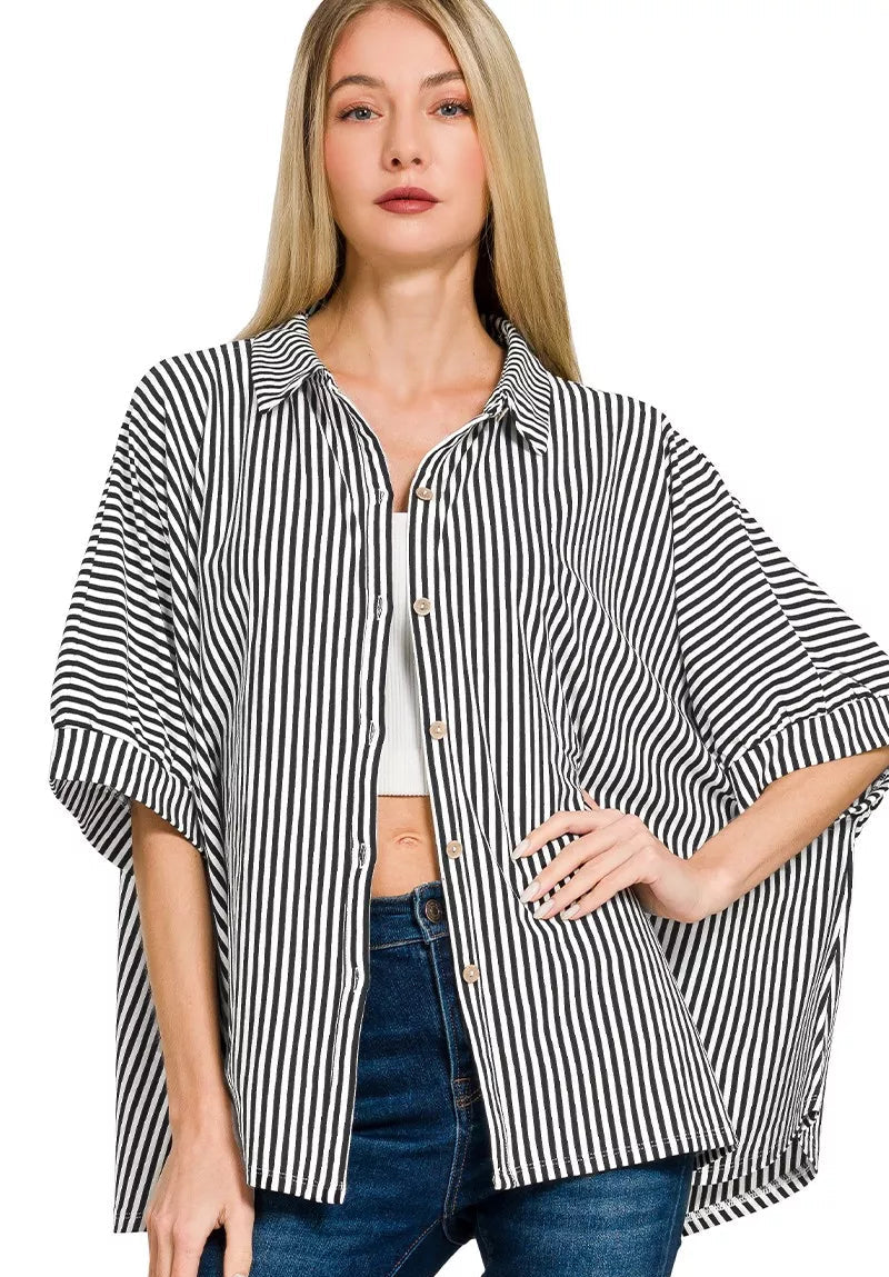 Zenana Women Oversized Shirt Black Stripe Short Sleeve Top BLACK 7ab9fca108524c54b9b379824f1a9989-Max-Origin Trendsi