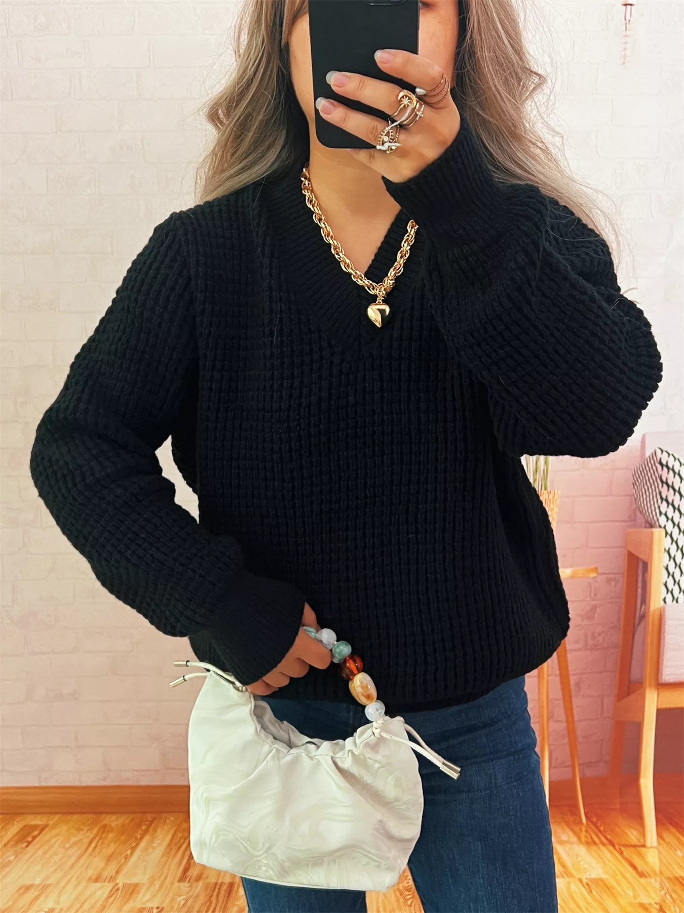 Women's Sweater V-Neck Textured Knit Loose Pullover 7ac88cd1c3624e3da8aedbda2c76939a-Max-Origin Trendsi