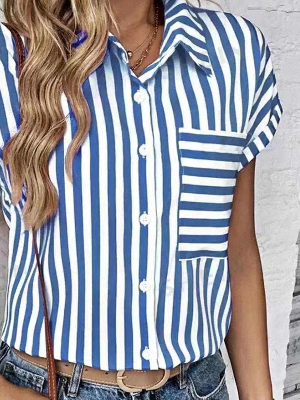 Women's Shirt Striped Short Sleeve Top with Pocket 7aceaccd-339f-438a-b335-2f1e7db83bf9-Max-Origin Trendsi