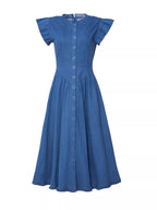 Denim Midi Dress Ruffled Cap Short Sleeve Navy Blue Buttoned Tiered 7aced9e4bc8041daa86cc28b20d6eae8-Max-Origin Trendsi