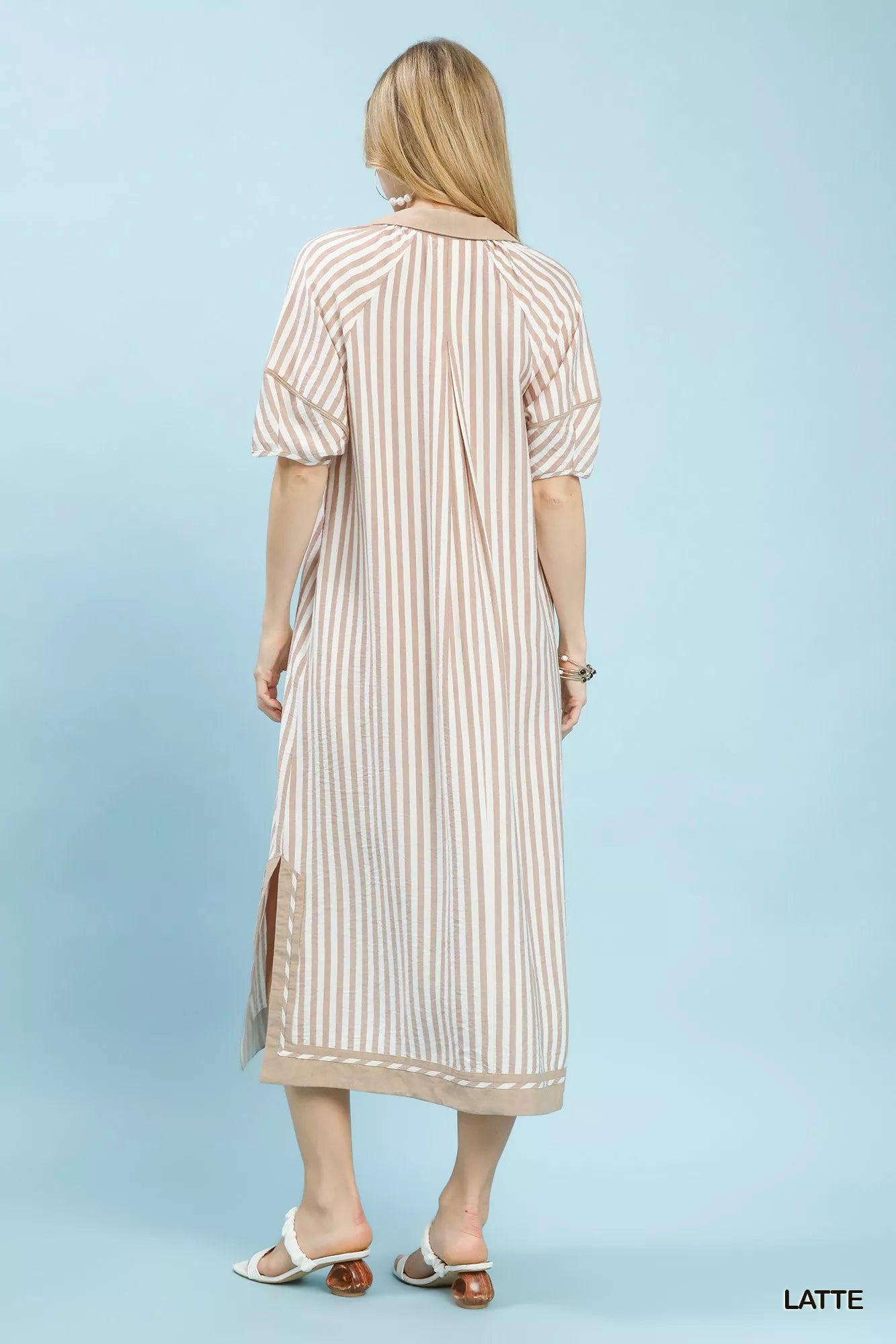 Umgee Midi Dress Latte Coastal Stripe with Side Slit Buttoned Short Sleeve 7ad2d261-19e0-490a-bece-f1c824dc123f-Max-Origin Trendsi