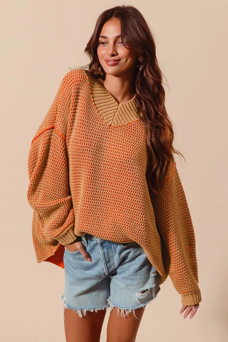 SO ME Womens Sweater Oversized V Neck Camel Orange Two Tone Textured 7ad3be1ef7224e6e921b6d76af828a2e-Max-Origin Trendsi