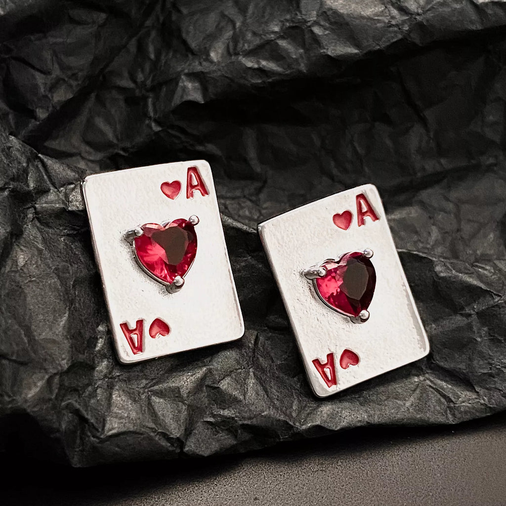 Stud Earrings Poker Card Ace of Hearts Rhinestone Silver-plated Jewelry Red One Size 7adbf386-8f55-4585-a866-2c1852e40812-Max-Origin Trendsi