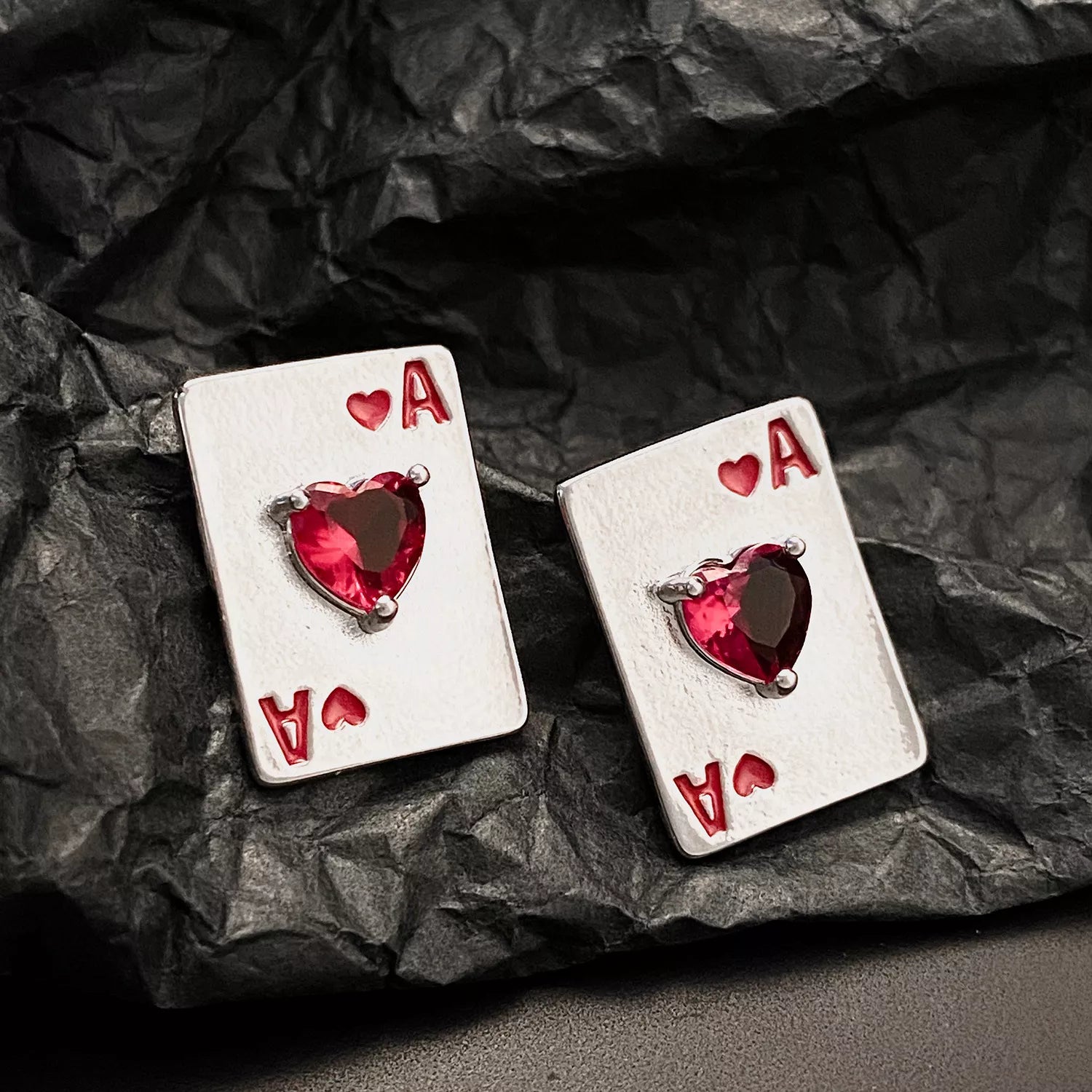 Stud Earrings Poker Card Ace of Hearts Rhinestone Silver-plated Jewelry Red One Size 7adbf386-8f55-4585-a866-2c1852e40812-Max-Origin Trendsi