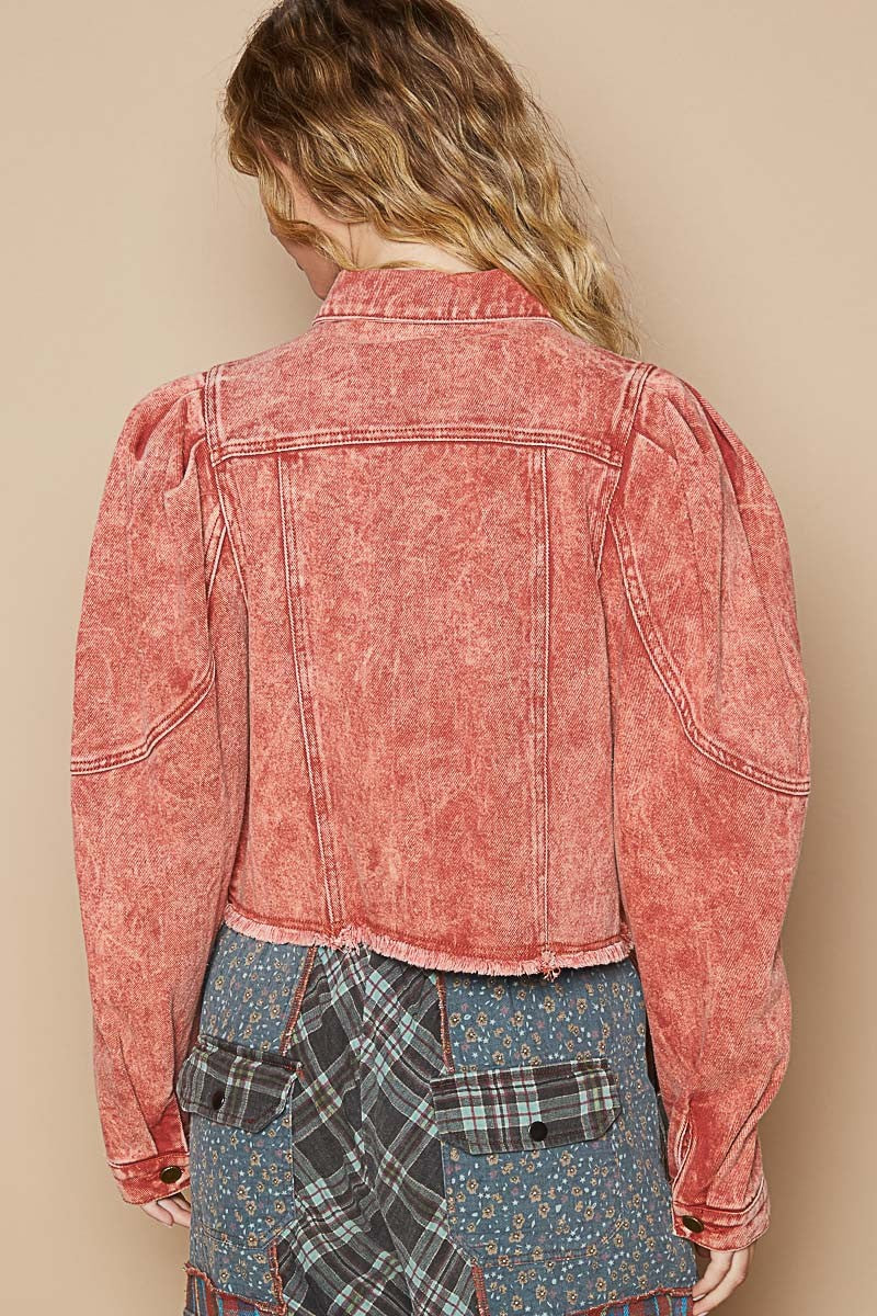 POL Cropped Denim Jacket Brick Red Raw Hem Button Up Long Sleeve 7af07edf-57db-424f-92c0-90f60d07ca79-Max Trendsi