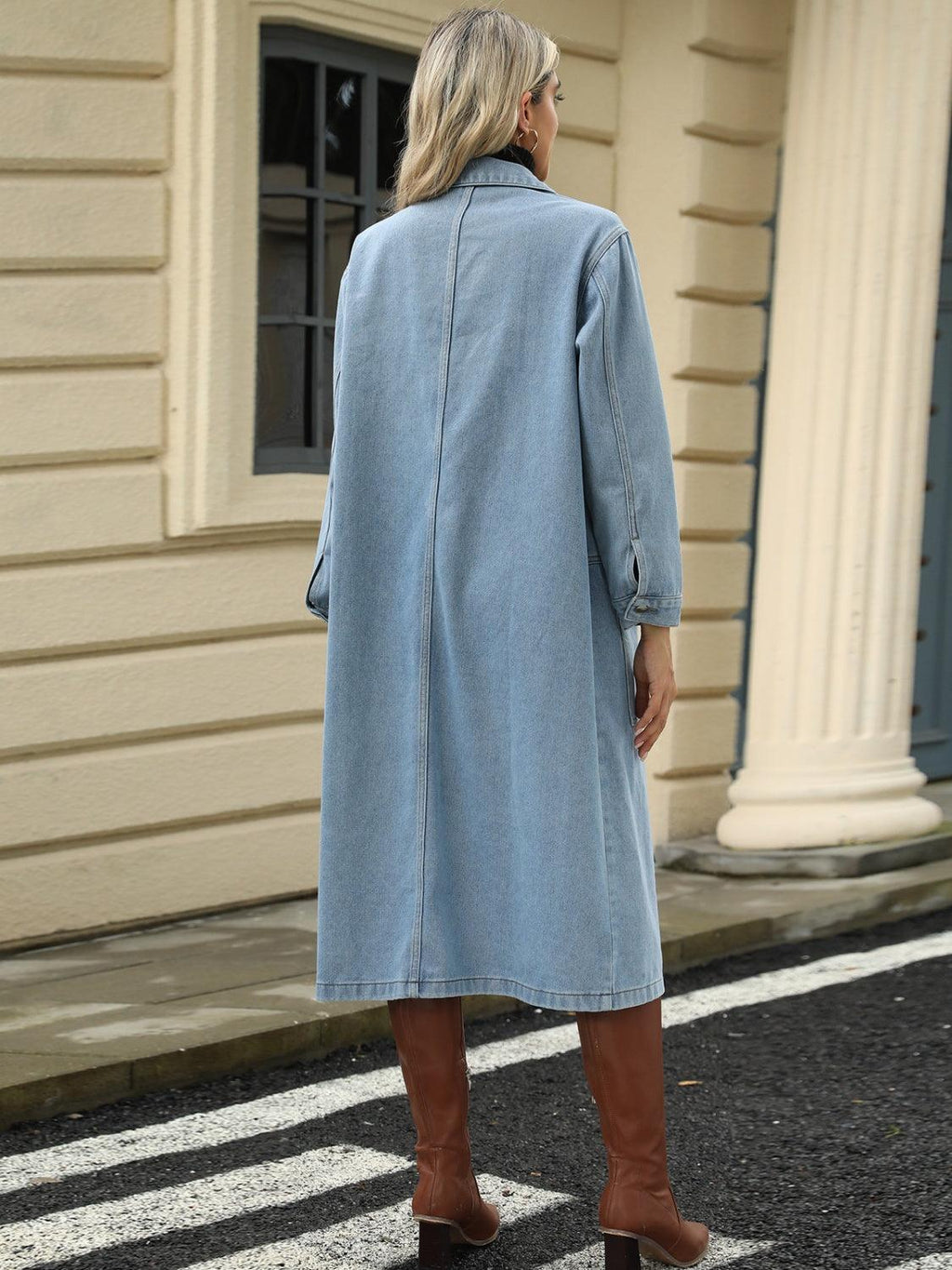 Denim Long Jacket Pocketed Button Down Collared Neck Outwear 7af89f1d-35d2-4673-8f01-f342fd18af95-Max Trendsi