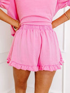 Women's Outfit Set Pink Half Zip Puff Sleeve Top and Ruffled Shorts 2 Pcs 7afecaa4-7d82-4549-b193-759cf24192e5-Min Trendsi