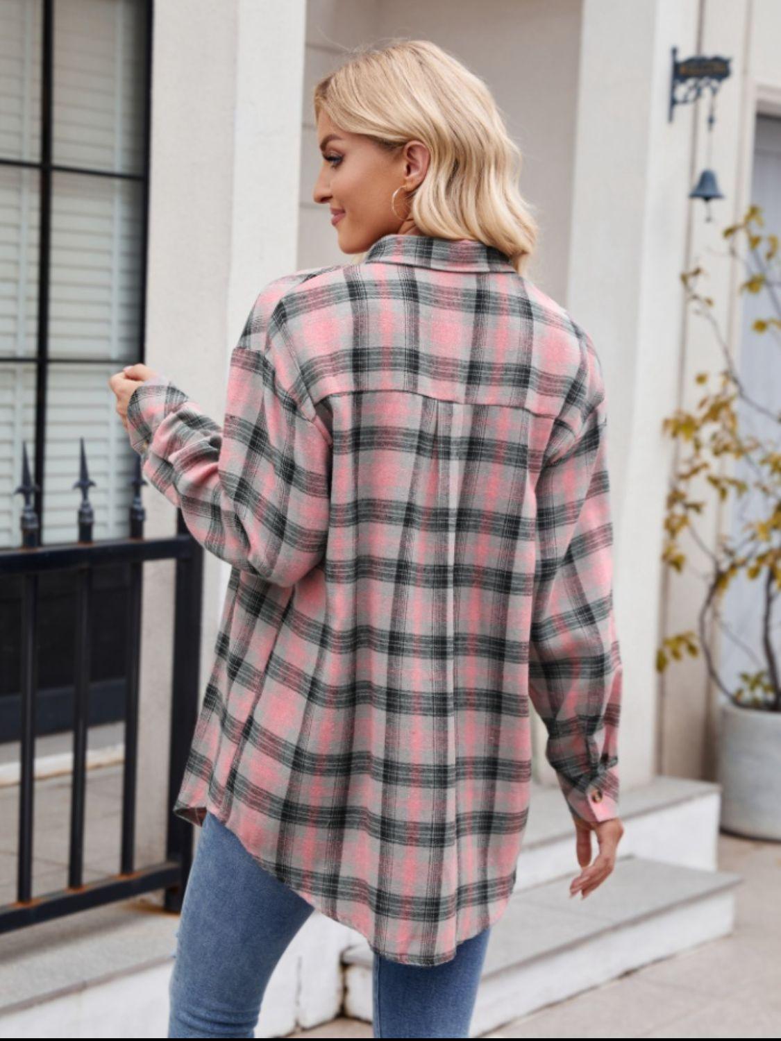 Pocketed Plaid Shirt Collared Neck Long Sleeve Button up 7b0e6e77-d30f-4e77-a894-86cc2beabd0b-Max Trendsi
