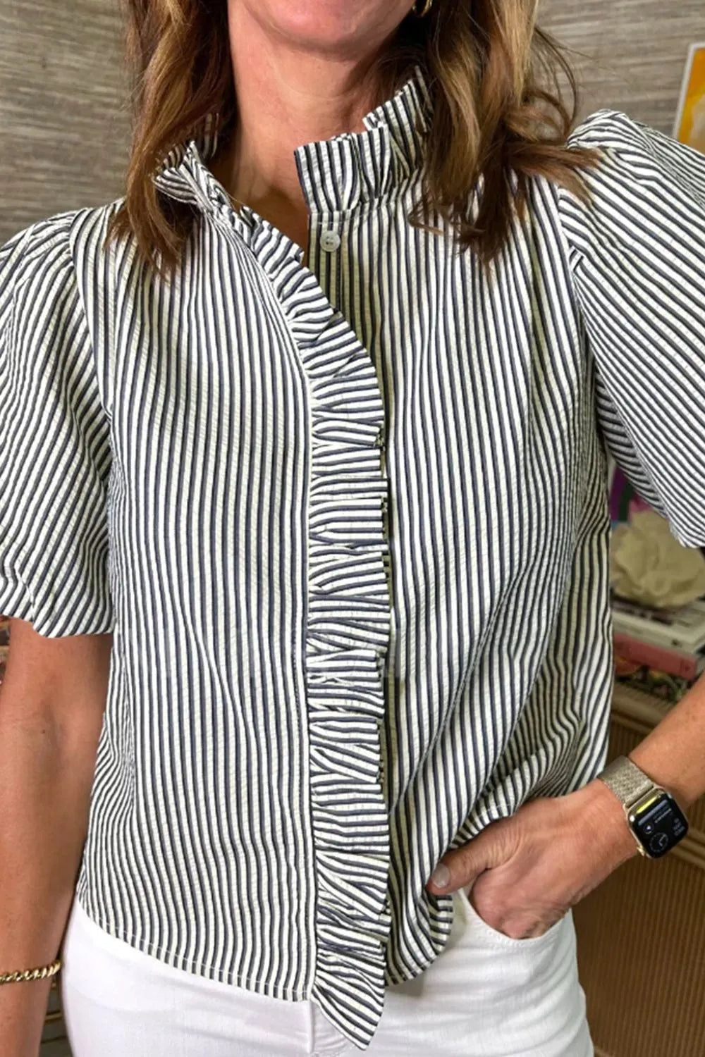 Women's Shirt Striped Ruffle Short Bubble Sleeve Mock Neck Black 7b10a43c-dba4-4fe6-80cd-771cfd10754e-Max-Origin Trendsi