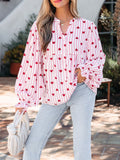 Stripe Textured Heart Print Long Flounce Sleeve Shirt