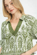 Umgee Women Blouse Green Two Tone Boarder Print Top Short Sleeve 7b195db3-f41d-414a-9485-0eb0a716fbbb-Max-Origin Trendsi