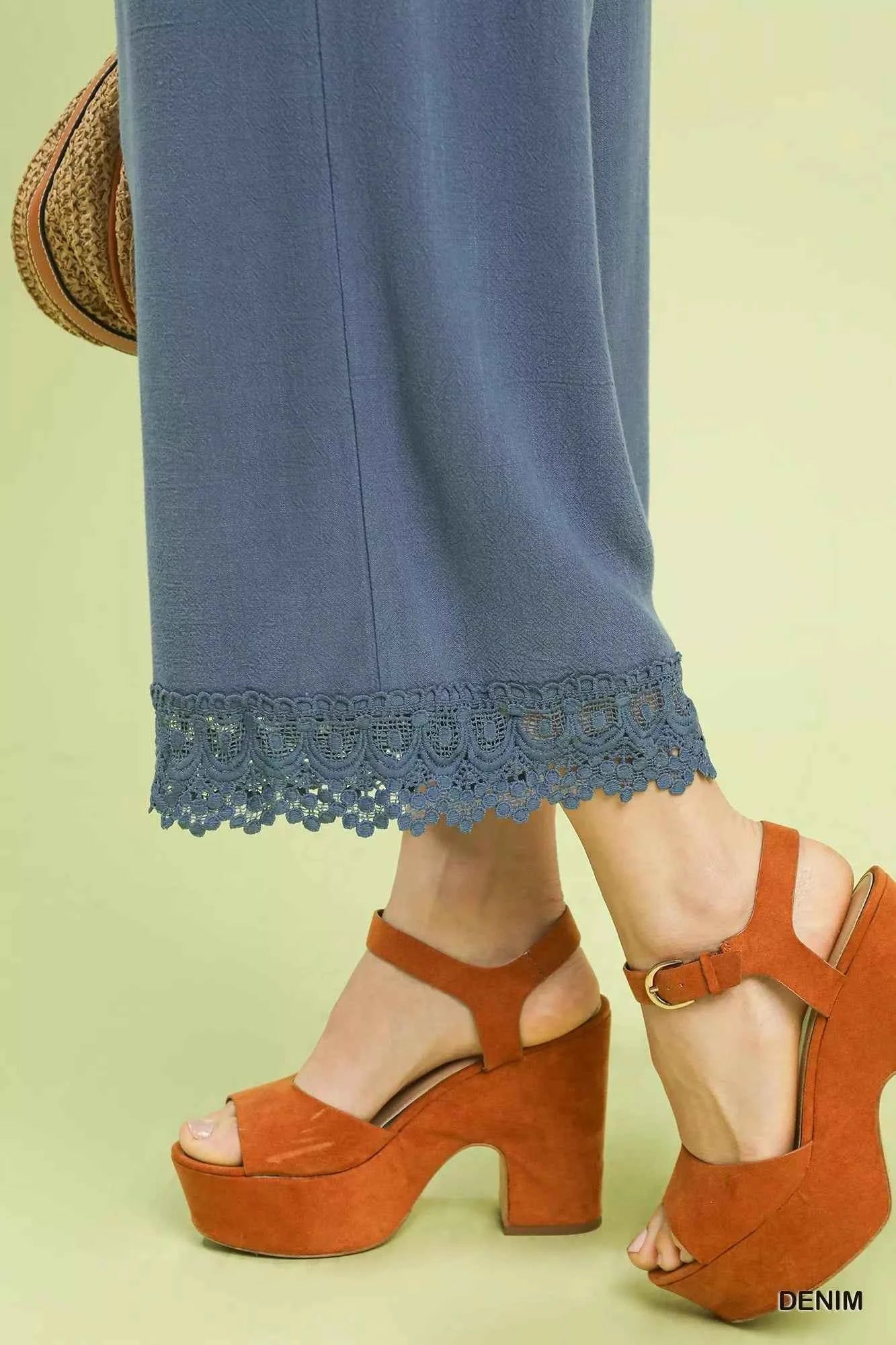 Umgee Wide Leg Cropped Pants Denim Blue Linen Cotton with Lace Trim 7b1a5cac-574b-494f-aac1-ab0e944826d0-Max-Origin Trendsi