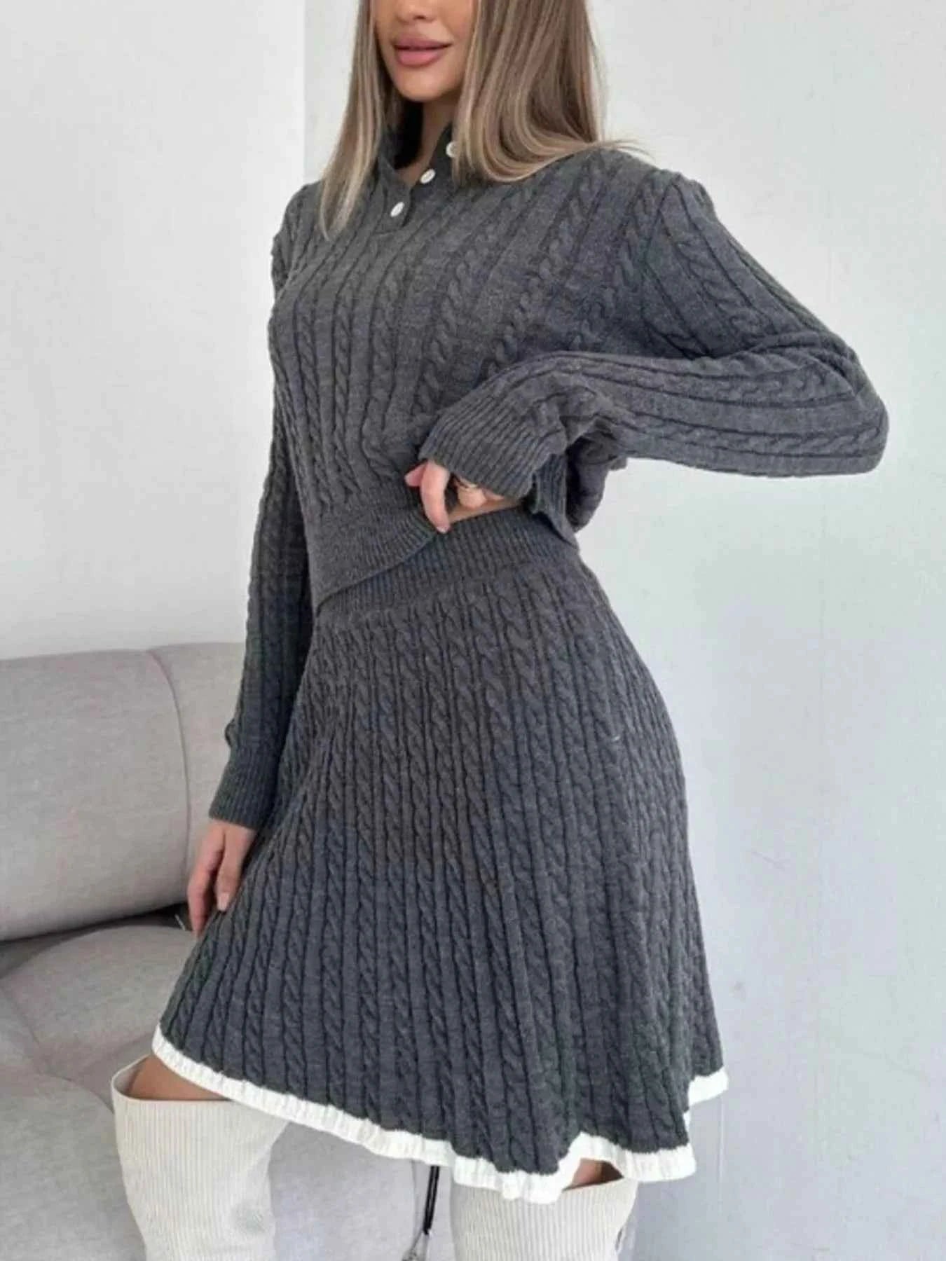 Cable Knit Long Sleeve Top and Skirt Sweater Set