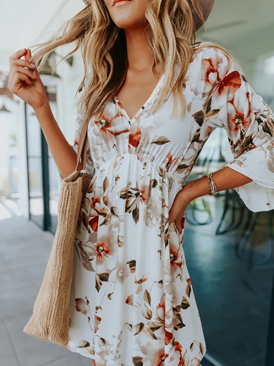 Floral Mini Dress V-Neck Three-Quarter Sleeve Summer Dresses 7b2549e2-3208-42d5-86d5-3e795a4b0be5-Max Trendsi