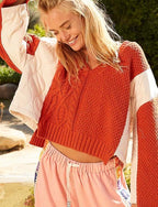 POL Sweater Women's Cable Knit Orange Quilting Patch Contrast V-Neck 7b27d947-3a00-4bad-a93e-b7e0bad86fc0-Max Trendsi
