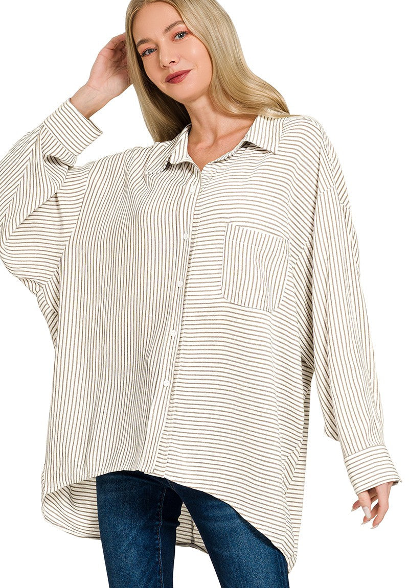 Zenana Woven Stripe Button Down Shirt