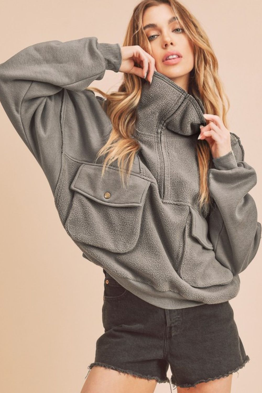 Aemi + Co Sweatshirt Dark Gray Exposed Seam Half Zip with Pockets 7b2ab399-d738-4d5b-b7dd-06cd998edbec-Max Trendsi