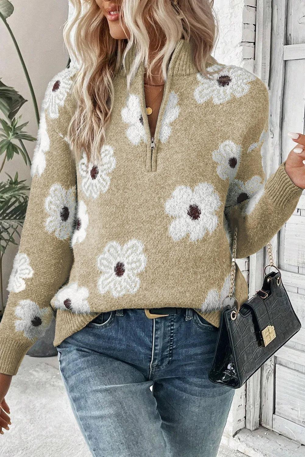Sweater Flower Turtleneck Half Zip Long Sleeve Knitwear Tan M 7b3048cb-ca56-427e-ab79-275936cb7ae5-Max_10755732-8ad6-4c5e-bc4a-d0df497d08cb Trendsi