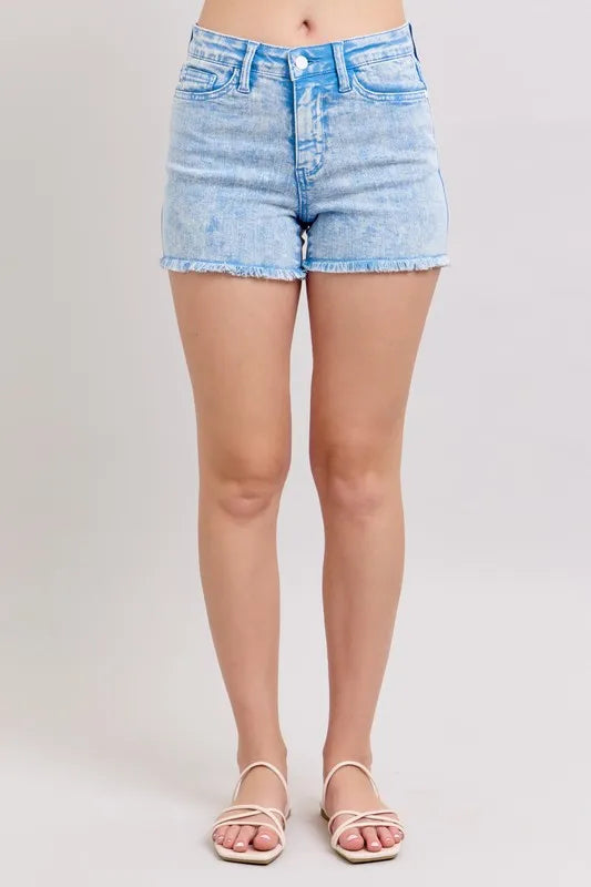 Judy Blue Denim Shorts Mid Rise Garment Dyed Cyan Blue S M L CYAN 7b30ee1c1257475cb4f209b6ee5bd2b0-Max-Origin Trendsi