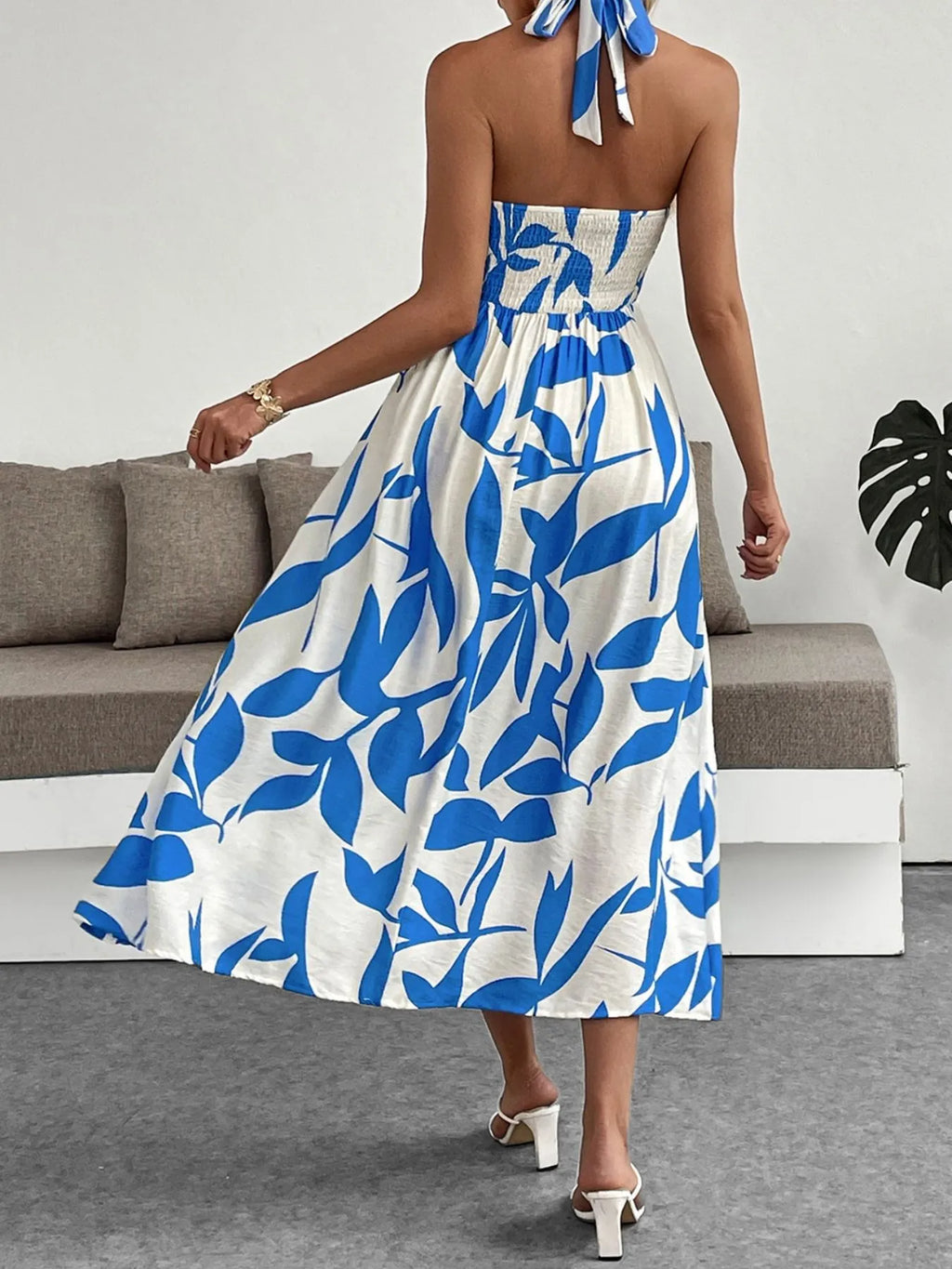 Midi Dress Blue Leaf Print Halter Neck Back Tied Backless Smocked 7b426579-832f-4cae-8152-34c2d1123c49-Max-Origin Trendsi