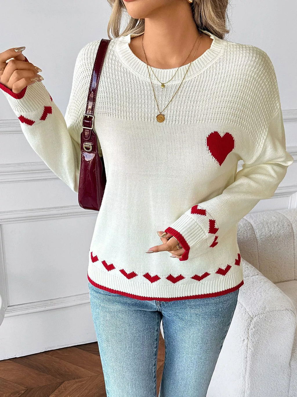 Women's Sweater White Heart Pattern Dropped Shoulder Long Sleeve Pullover 7b508667afb144c1aebc785b0b554f9c-Max-Origin Trendsi