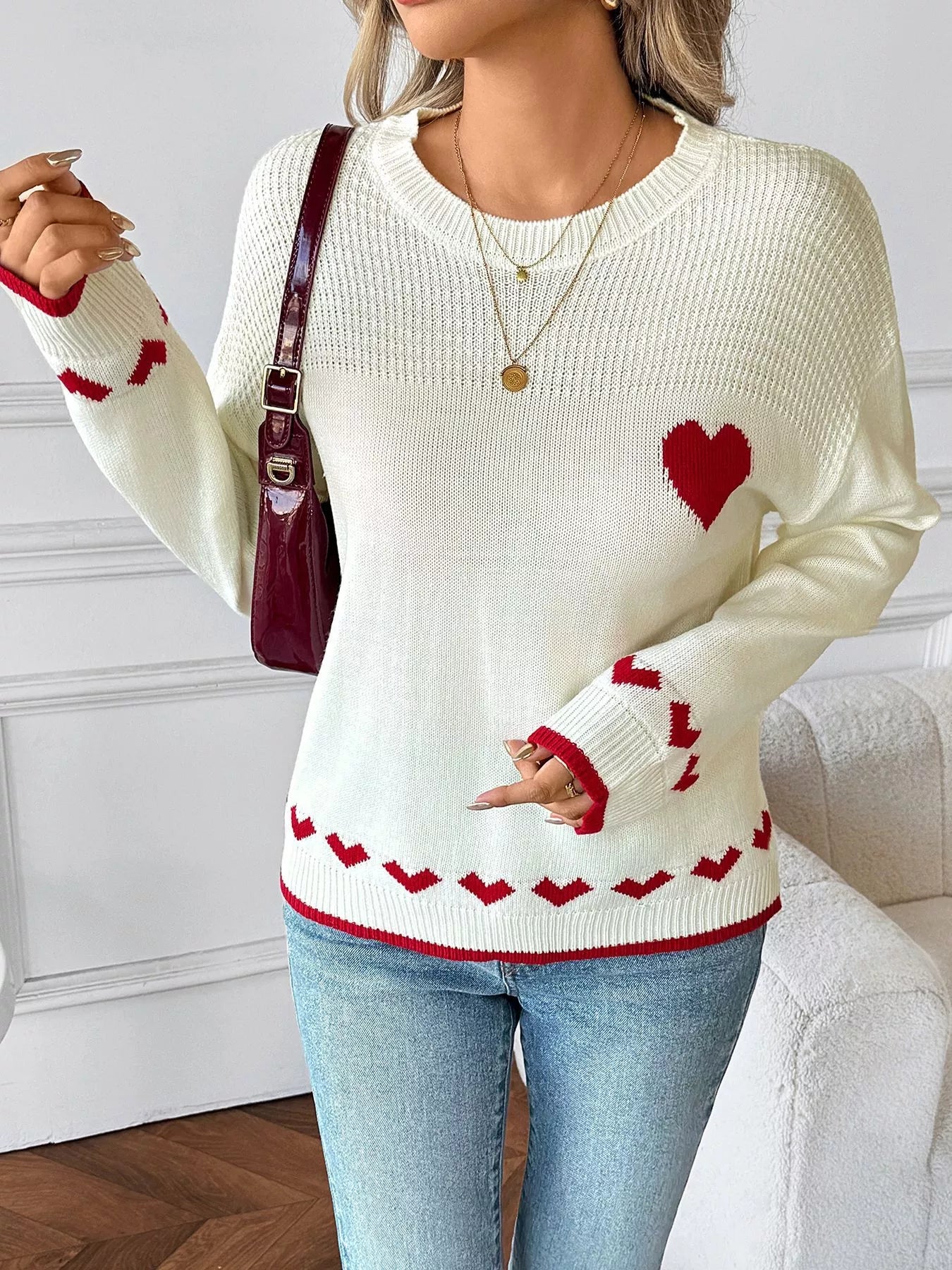 Women's Sweater White Heart Pattern Dropped Shoulder Long Sleeve Pullover 7b508667afb144c1aebc785b0b554f9c-Max-Origin Trendsi