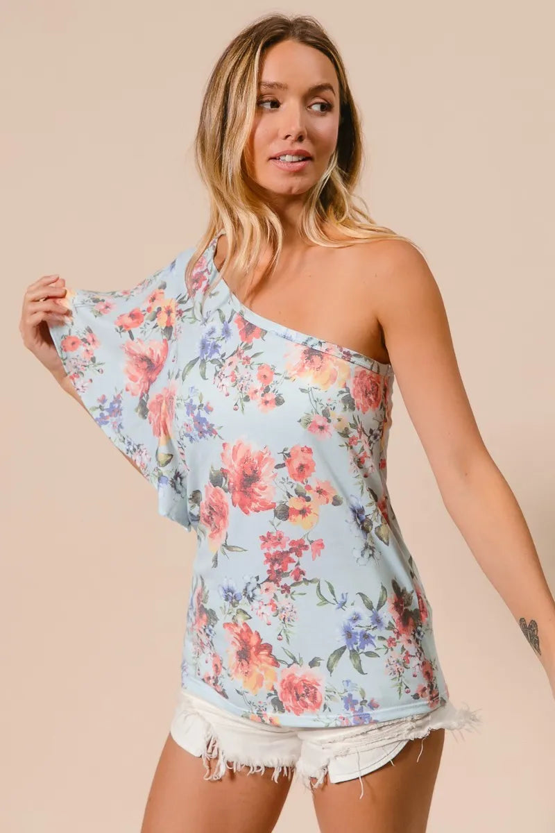 BiBi Floral Top Printed Jersey Knit Ruffle Sleeve One Shoulder 7b50de34eb7d4d7abf3fafebe4de5af6-Max-Origin Trendsi