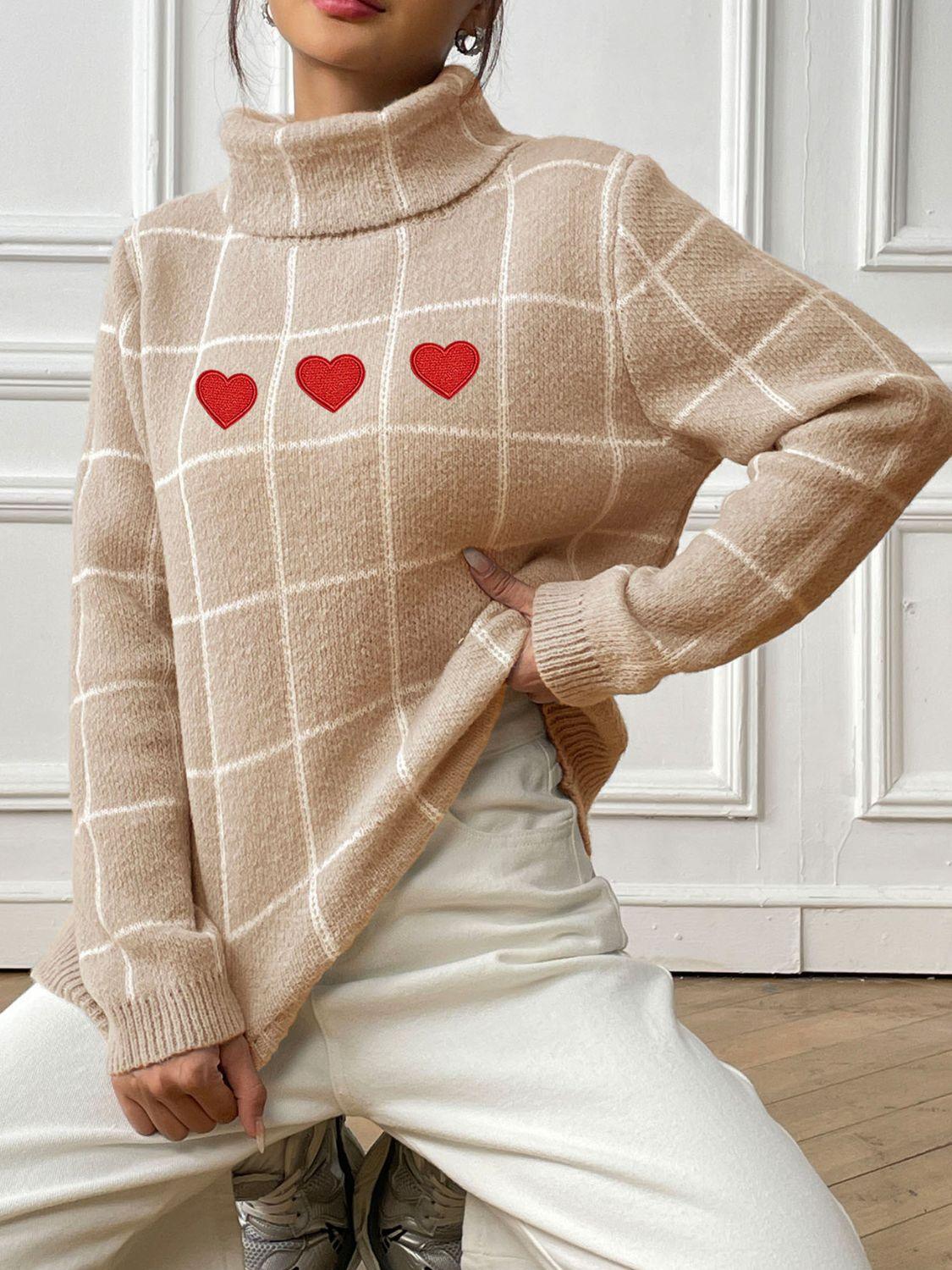 Heart Plaid Sweater Turtleneck Long Sleeve Casual Knitwear 7b525e56-03df-4b2b-94c8-e2719149315b-Max Trendsi