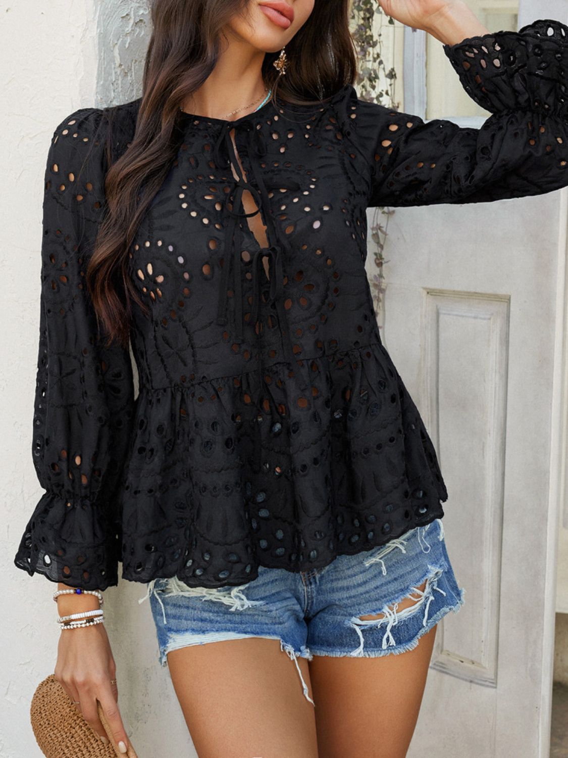 Crochet Blouse Ruffle Tie Front Flounce Long Sleeve Peplum Cut Out Embroidered 7b52d6cf-b688-4d80-839d-c0924e54f82a-Max Trendsi