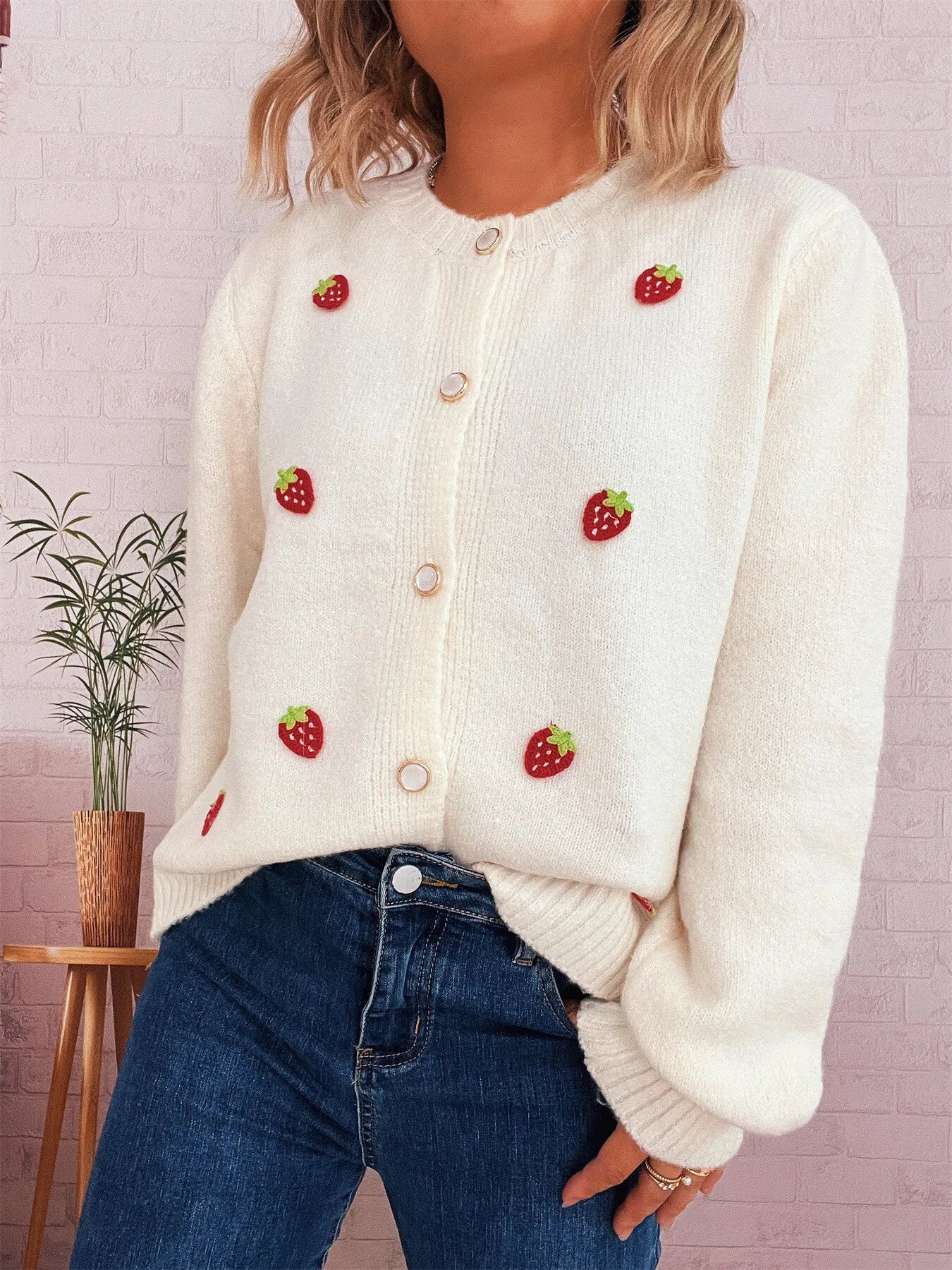 Women's Cardigan Strawberry Button Up Long Sleeve Soft Knit 7b56df960e38439685dd4d64531e0354-Max-Origin Trendsi