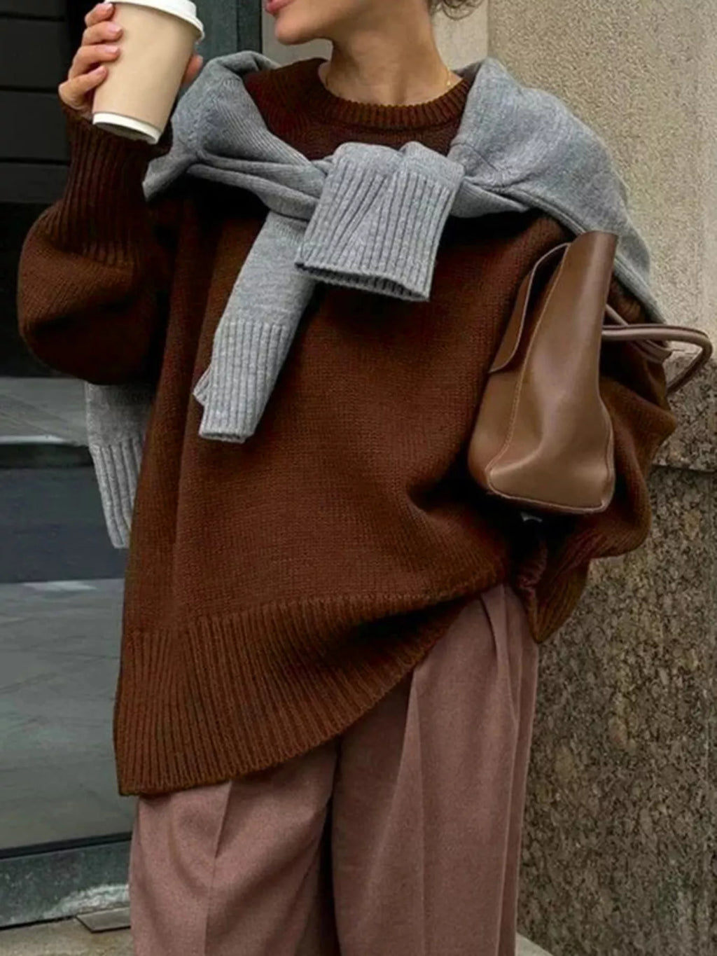 Women's Oversized Sweater Brown Round Neck Ribbed Hem Pullover Brown 7b56f85c-9af5-4030-addf-1deeb9b52f09-Max-Origin Trendsi