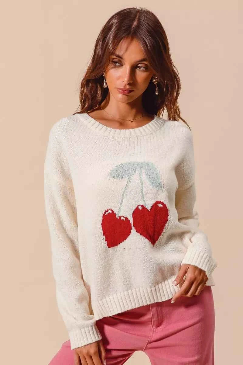 SO ME Valentine Sweater Heart Cherry Ivory Knitted Long Sleeve Top IVORY 7b6059d3b8ed4a979a36ac59bd0b70d6-Max-Origin Trendsi