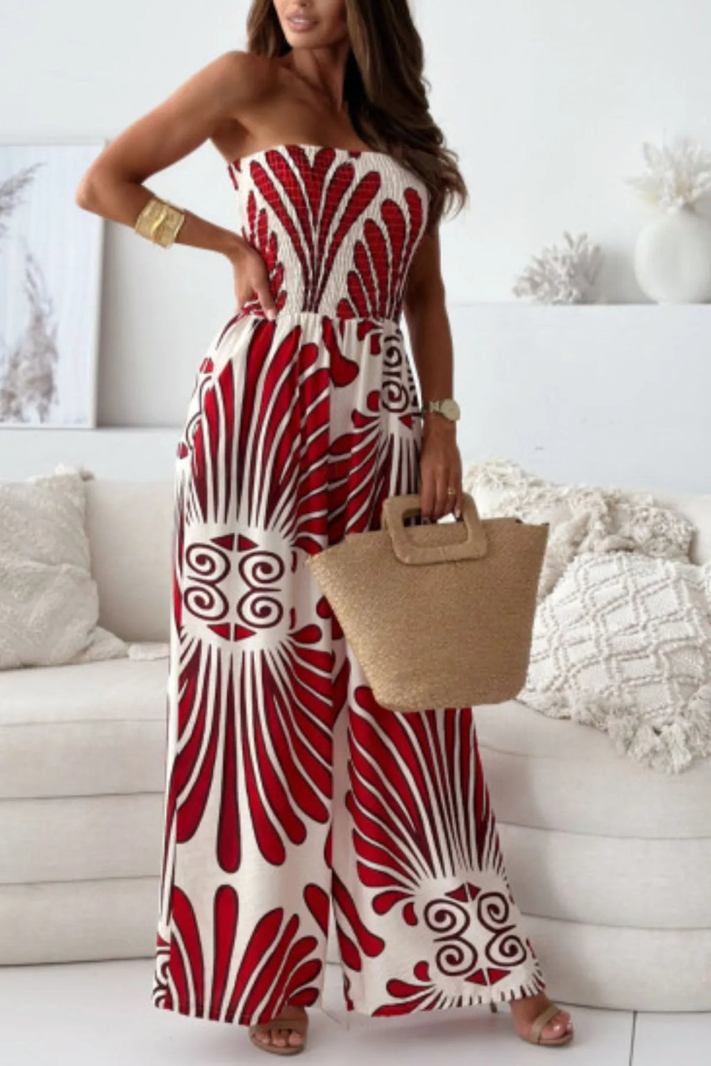 Women's Jumpsuit Printed Smocked Tube Wide Leg Strapless Overall Red 7b7d7019-193d-4f17-804e-0fe703b293a2-Max-Origin Trendsi