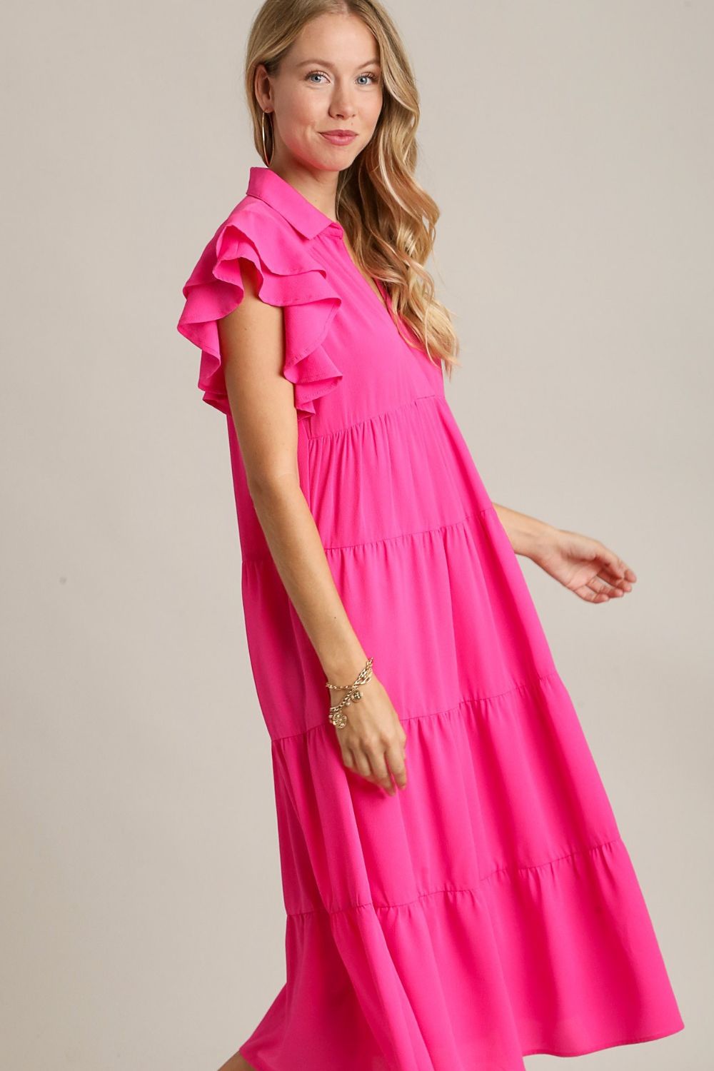 Umgee Ruffle Midi Dress Hot Pink Short Cap Sleeve Johnny Collar 7b81aa0b-f3da-4299-af72-996e869aae23-Max Trendsi