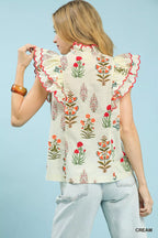 Umgee Womens Rufle Blouse Cream Block Floral Print Top Short Sleeve 7b84da8b-010a-4b95-8a79-402aedb5c532-Max-Origin Trendsi