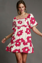 Umgee Mini Dress Deep Rose Floral Contrast Ruffled Short Puff Sleeve Deep Rose 7b8ad6b1-cdc5-4976-af0a-12832a036f06-Max Trendsi