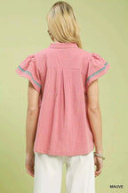 Umgee Embroidered Flutter Sleeve Blouse