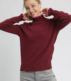 Umgee Women's Sweater Burgundy Ribbed Round Neck with Ruffle Contrast Trim BURGUNDY 7b90b5f6-507d-4598-acc6-0c5f7e73fe95-Max-Origin Trendsi