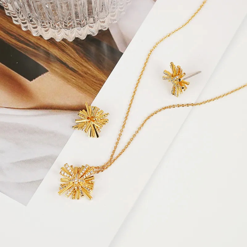 Jewelry Set Necklace and Earrings Zircon Gold Starburst Gold-Plated 7b943946-8dcb-4ff6-9c40-fe6195e96d23-Max Trendsi